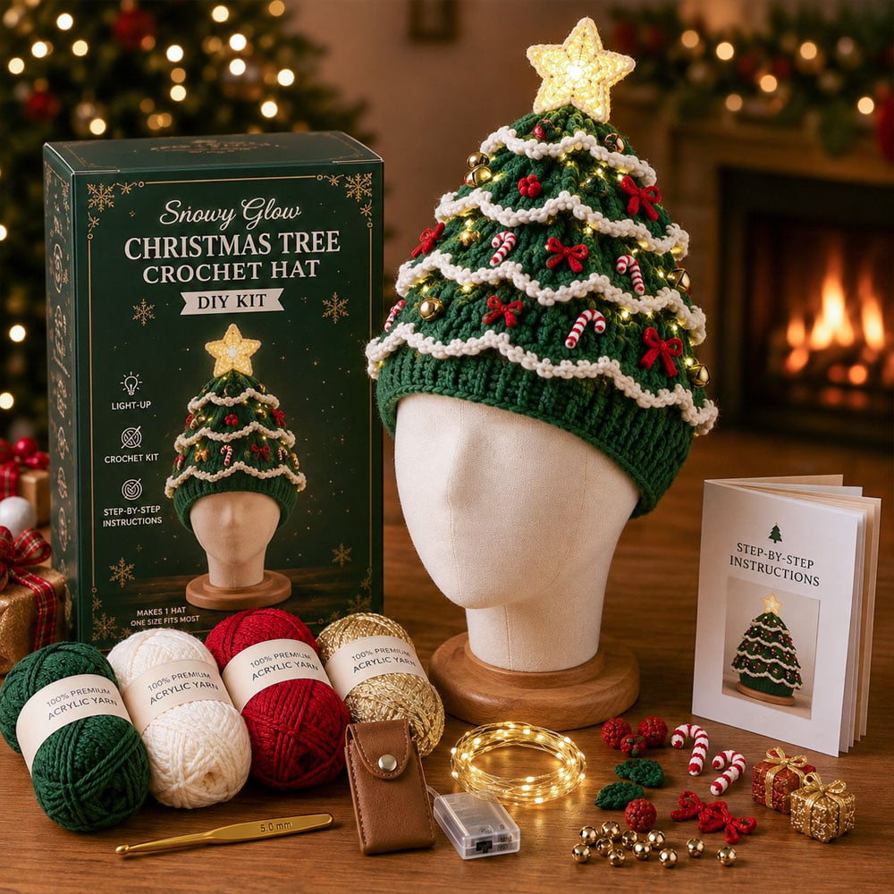 ⏳ Last Day 70% OFF – 🎄Beginner-Friendly Light-Up Christmas Tree Crochet Hat DIY Kit | Complete Kit with Coordinated Yarn, LED Lights & Step-by-Step Guide Included 💕