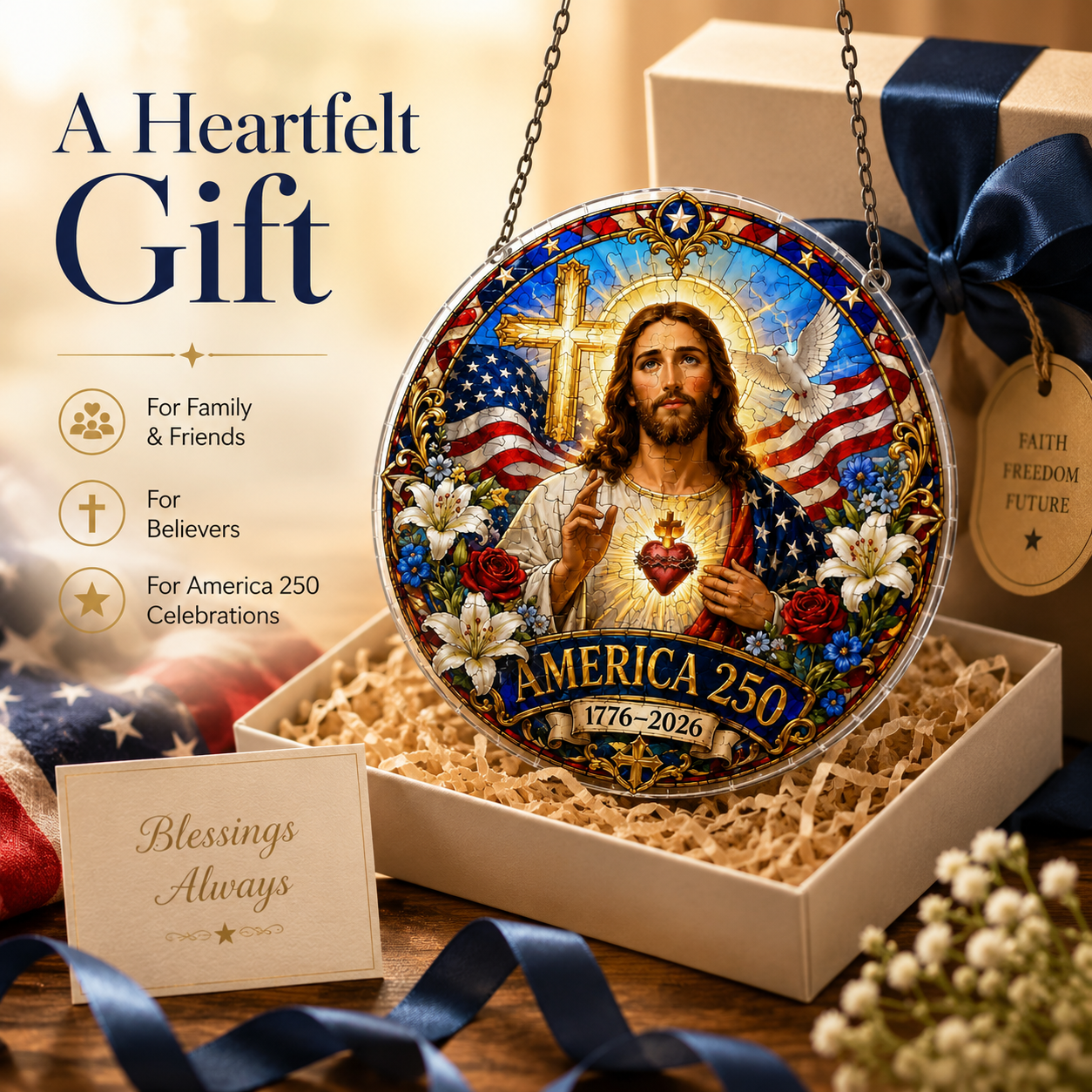✝️✨ Celebrating the 250th Anniversary of 1776–2026: Jesus Puzzle Pendant | America 250 Patriotic Christian Hanging Ornament
