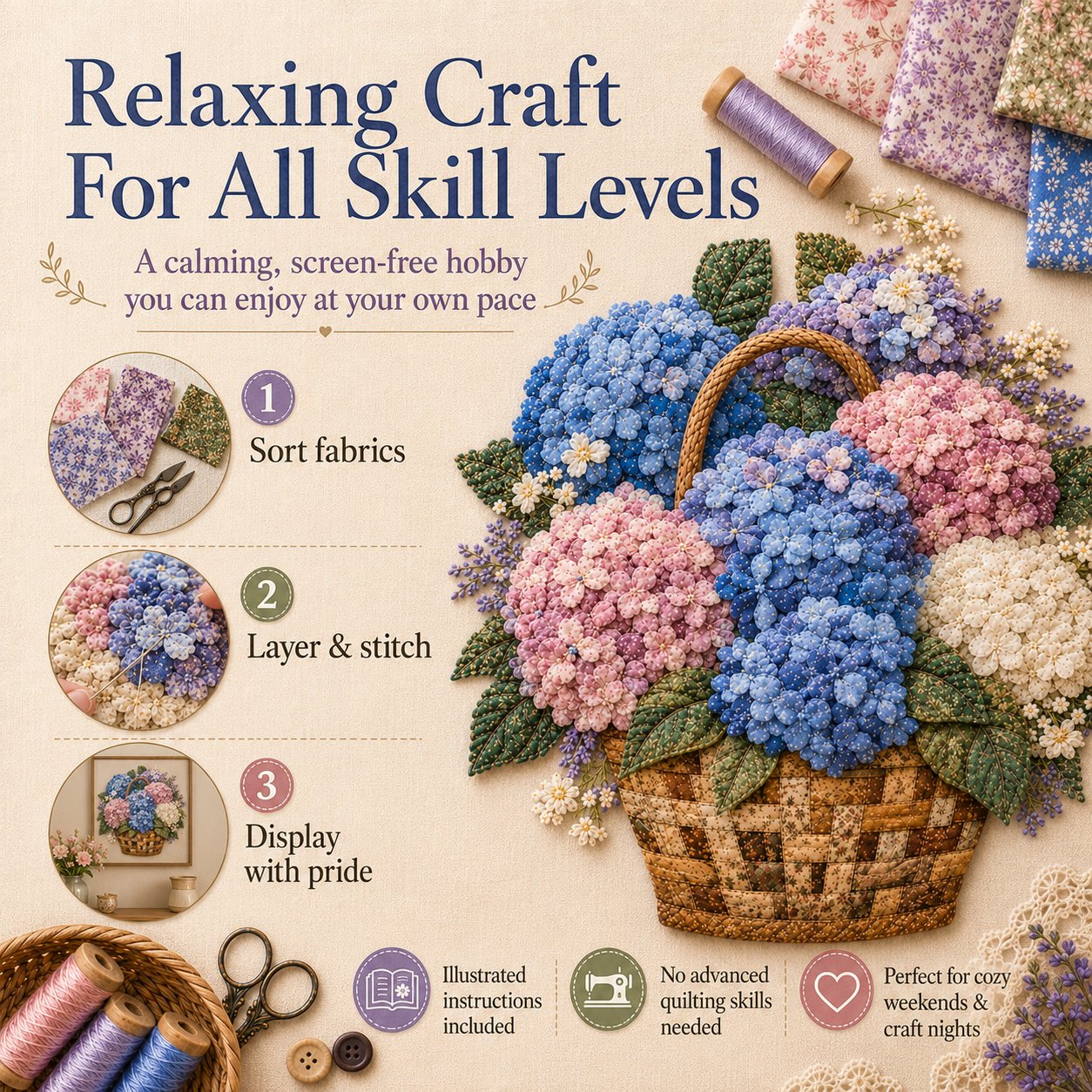 🔥LAST DAY 70% OFF - 🌸Floral Basket Patchwork DIY Kit | 3D Layered Fabric Flower Art Craft for Home Decor & Gifts