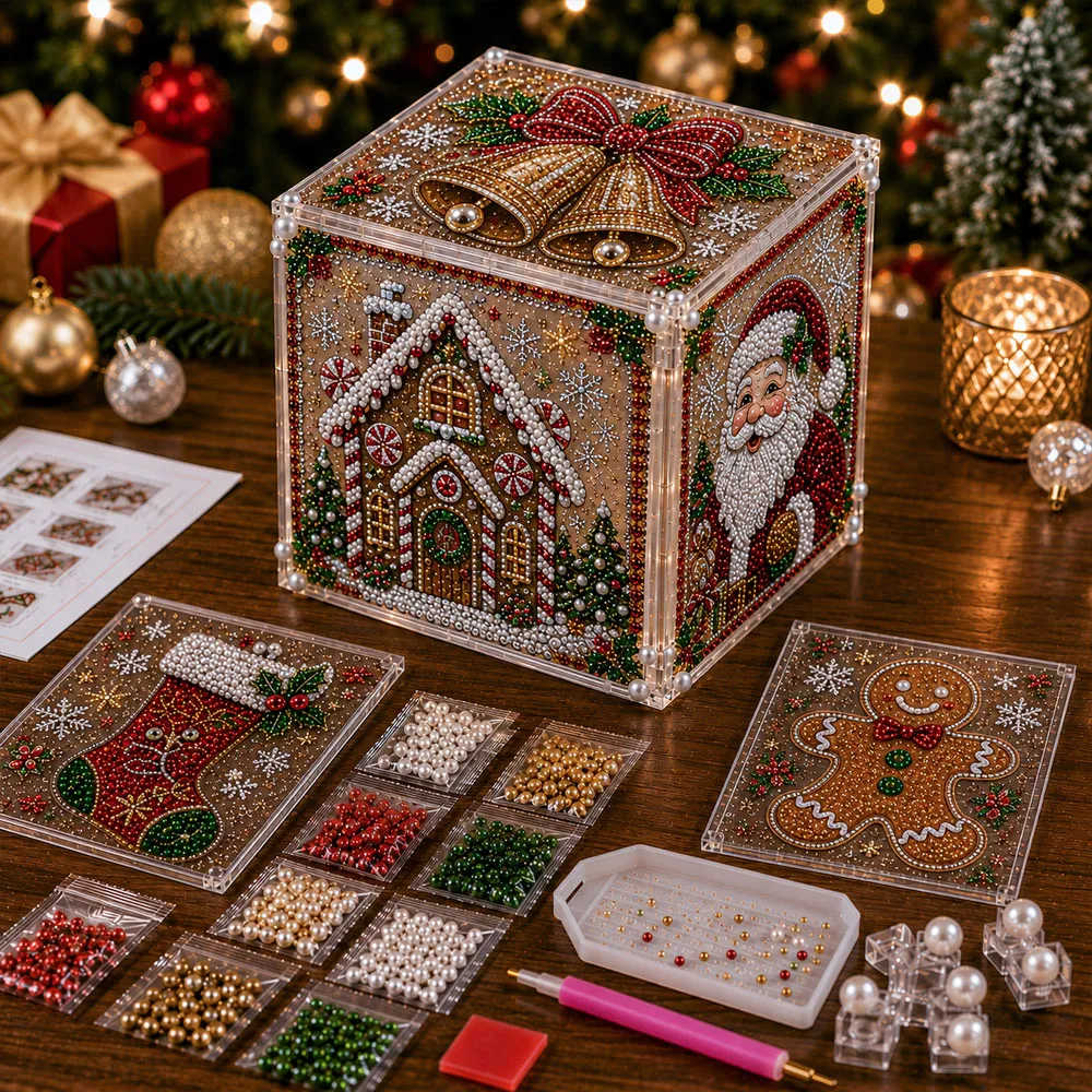 Different Christmas scenes on each side of 3D diamond painting box
