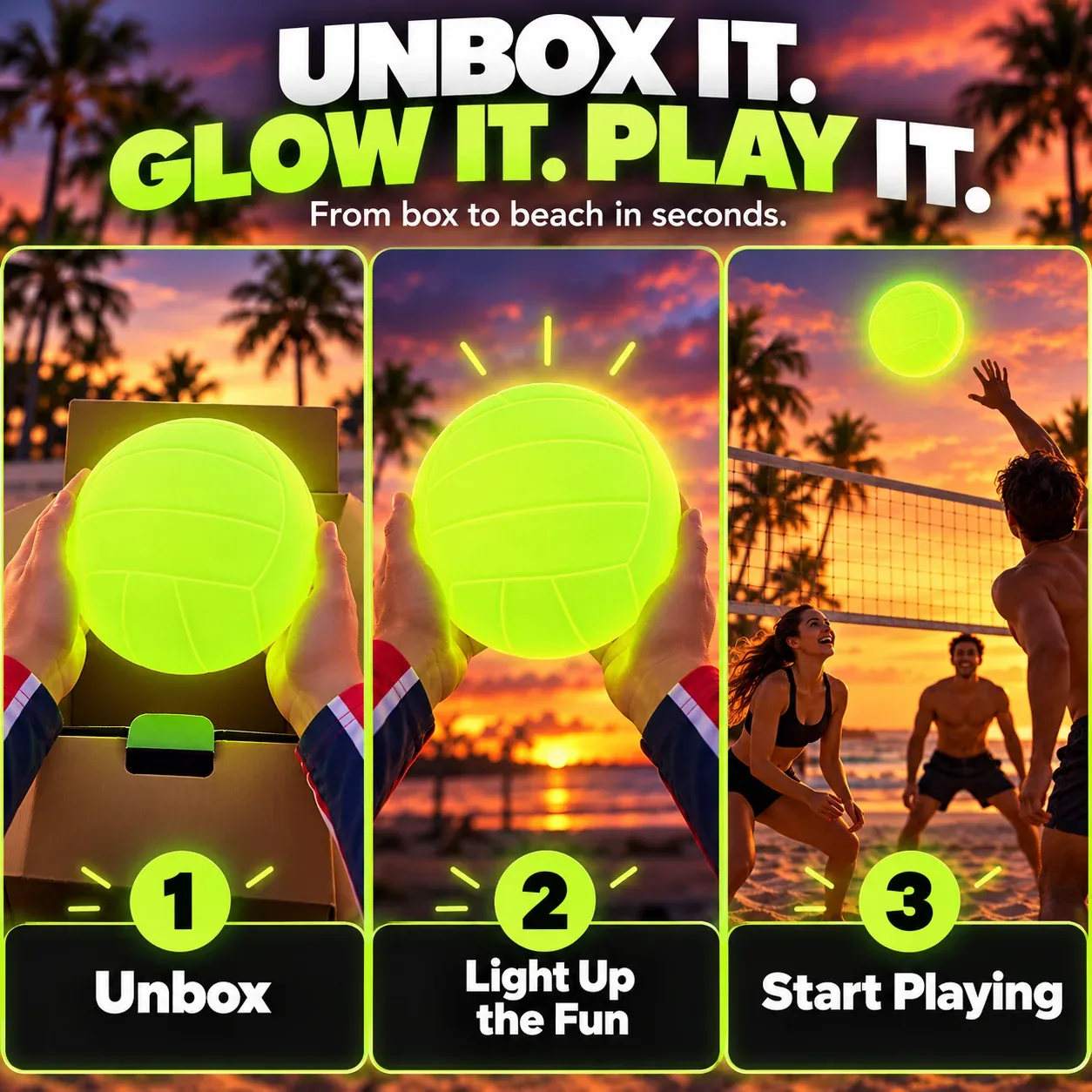 GlowSpike three-step experience from unboxing to glowing volleyball play on the beach