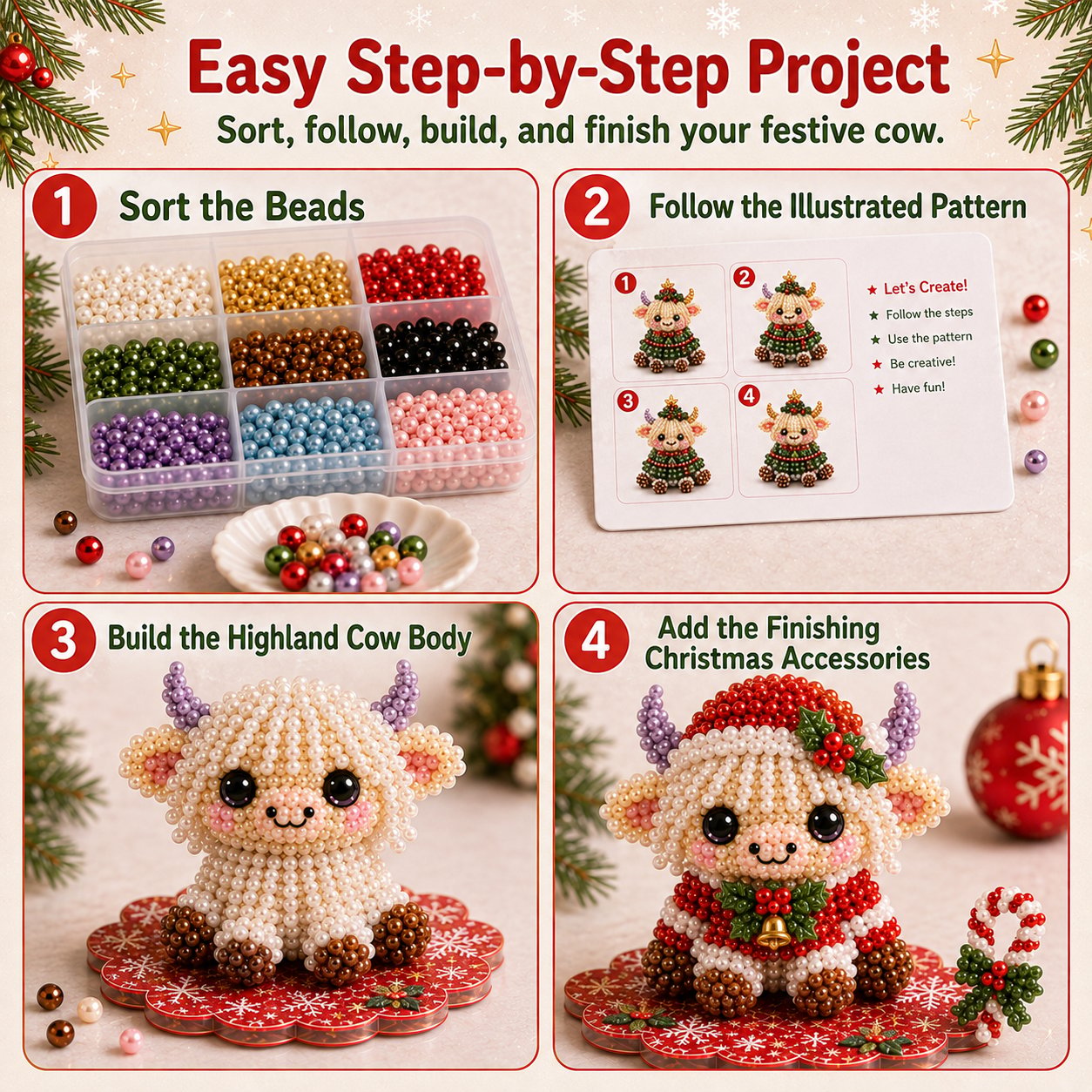 🔥Limited time 70% OFF -🎄🐮 Highland Cow 3D Pearl Bead DIY Kit – Beginner-Friendly Christmas Craft💕