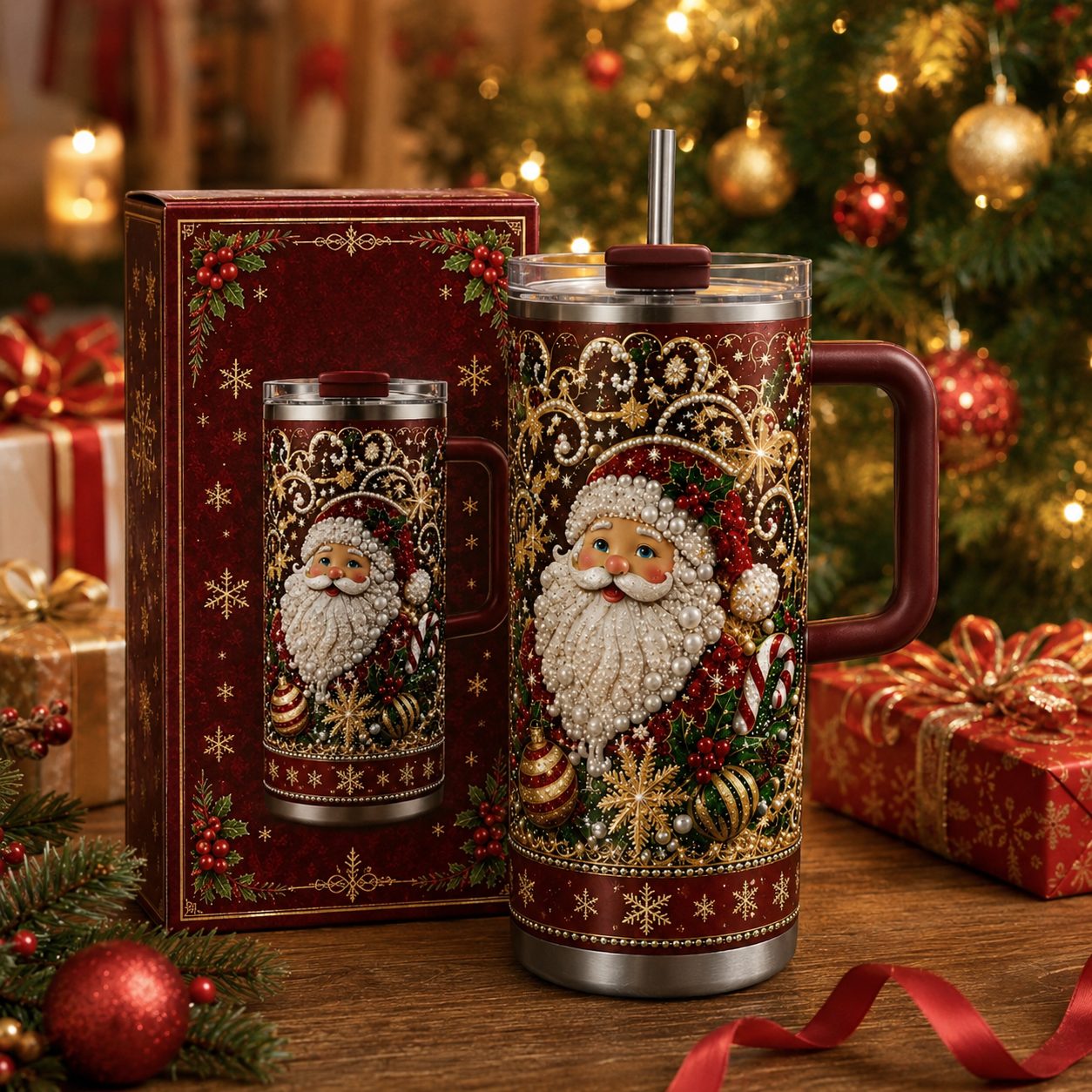 🔥Last Day 70% OFF -🎅✨ Luxury Christmas Santa 40oz Handle Tumbler – A Magical Holiday Gift