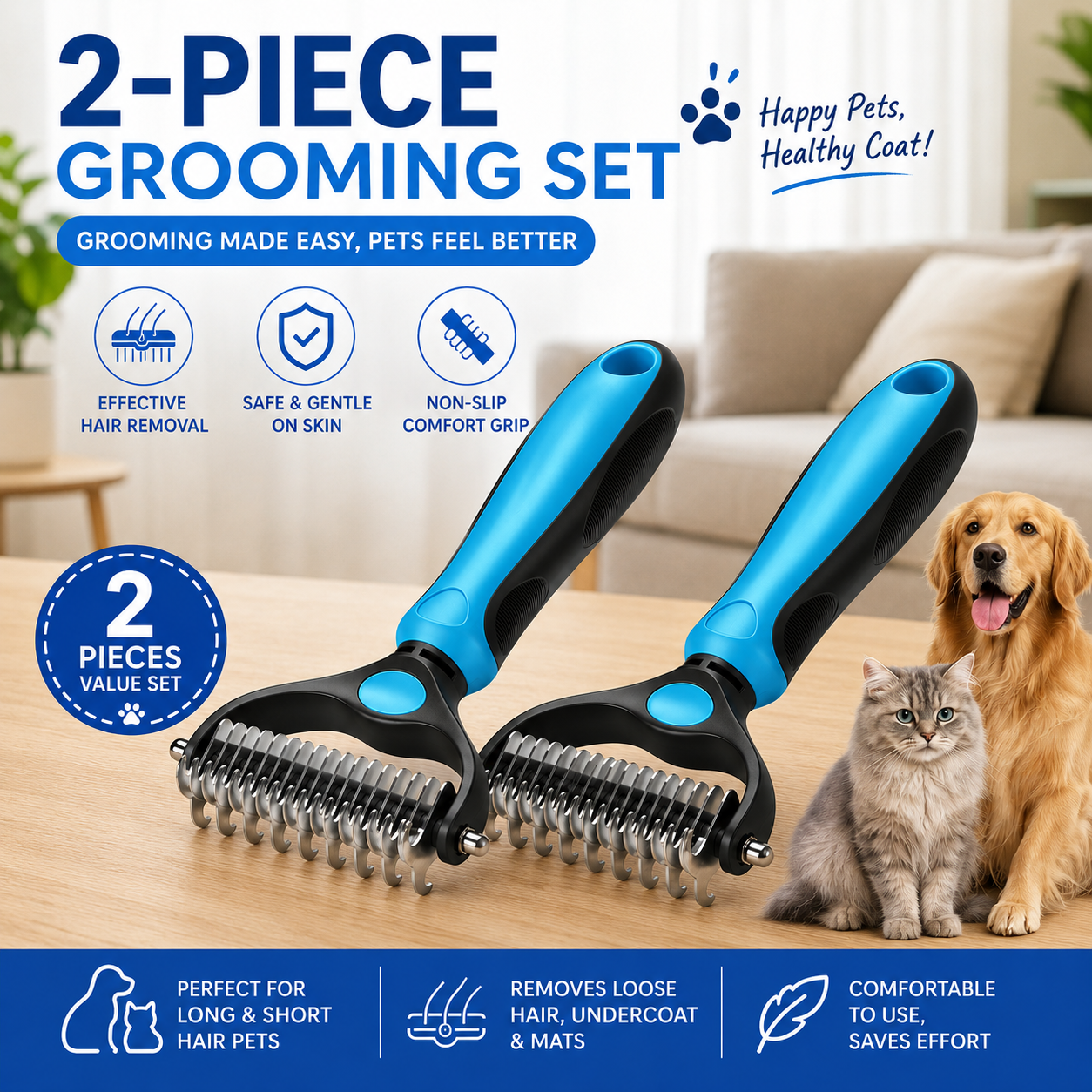 🐾 FLASH SALE: 70% OFF! ✨Double-Sided Pet Deshedding Brush for Dogs & Cats 🐶