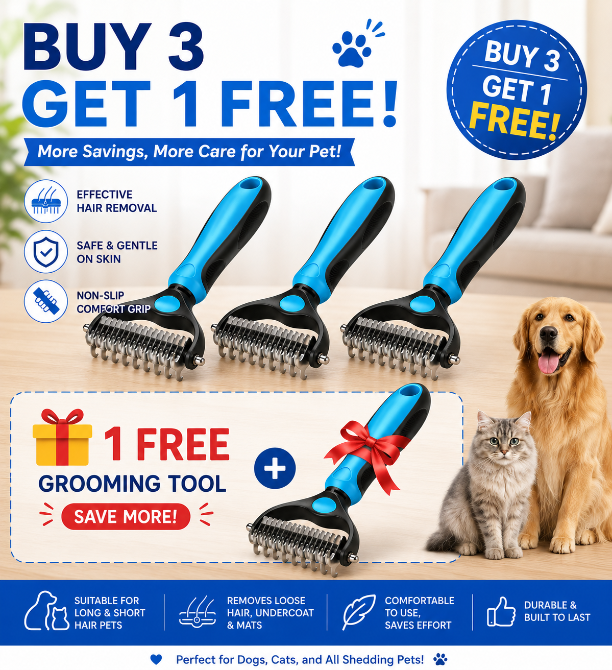 🐾 FLASH SALE: 70% OFF! ✨Double-Sided Pet Deshedding Brush for Dogs & Cats 🐶