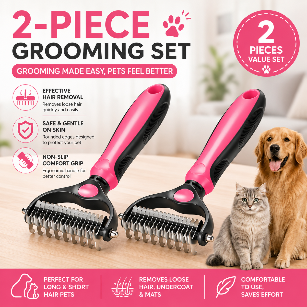 🐾 FLASH SALE: 70% OFF! ✨Double-Sided Pet Deshedding Brush for Dogs & Cats 🐶