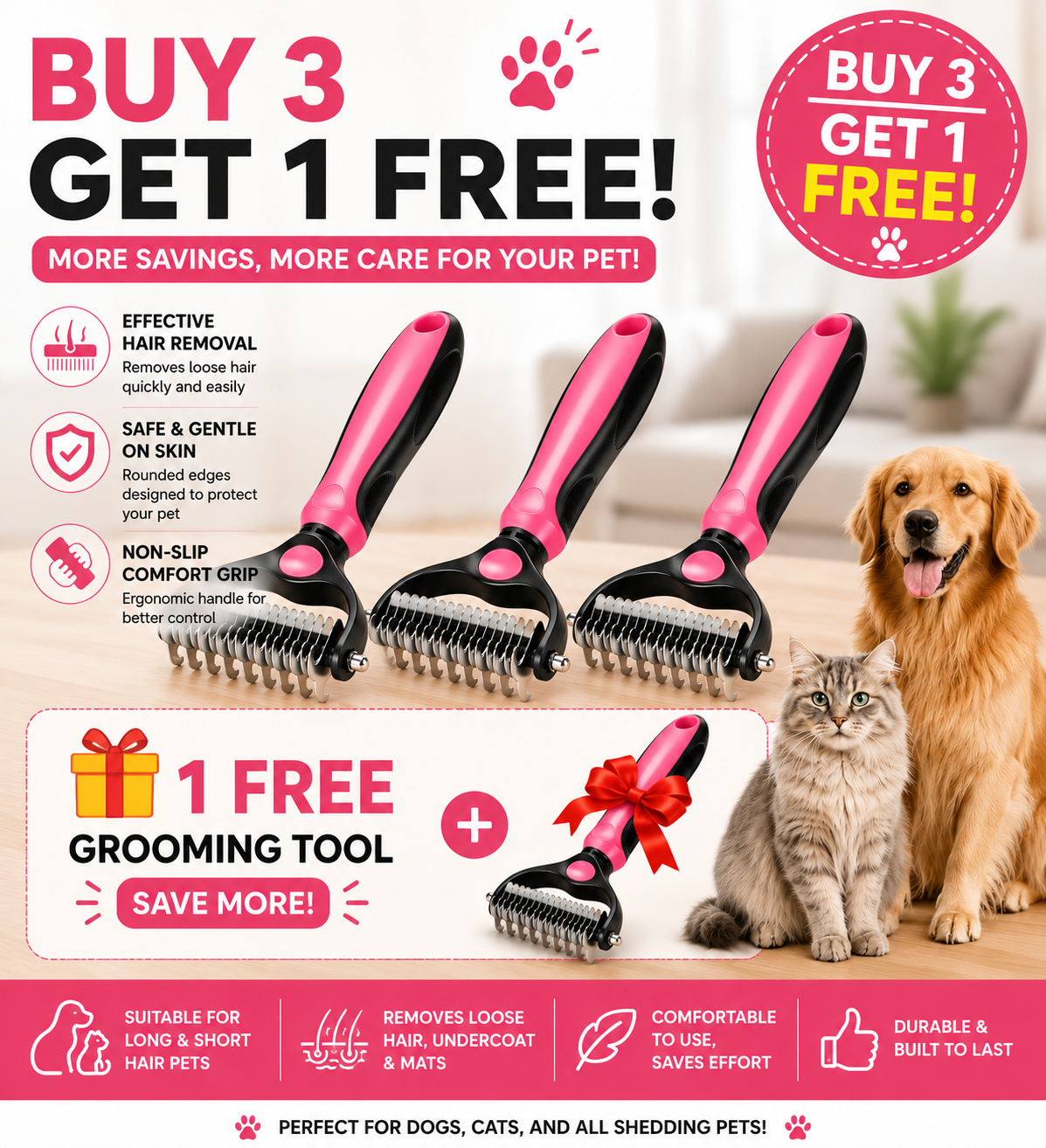 🐾 FLASH SALE: 70% OFF! ✨Double-Sided Pet Deshedding Brush for Dogs & Cats 🐶