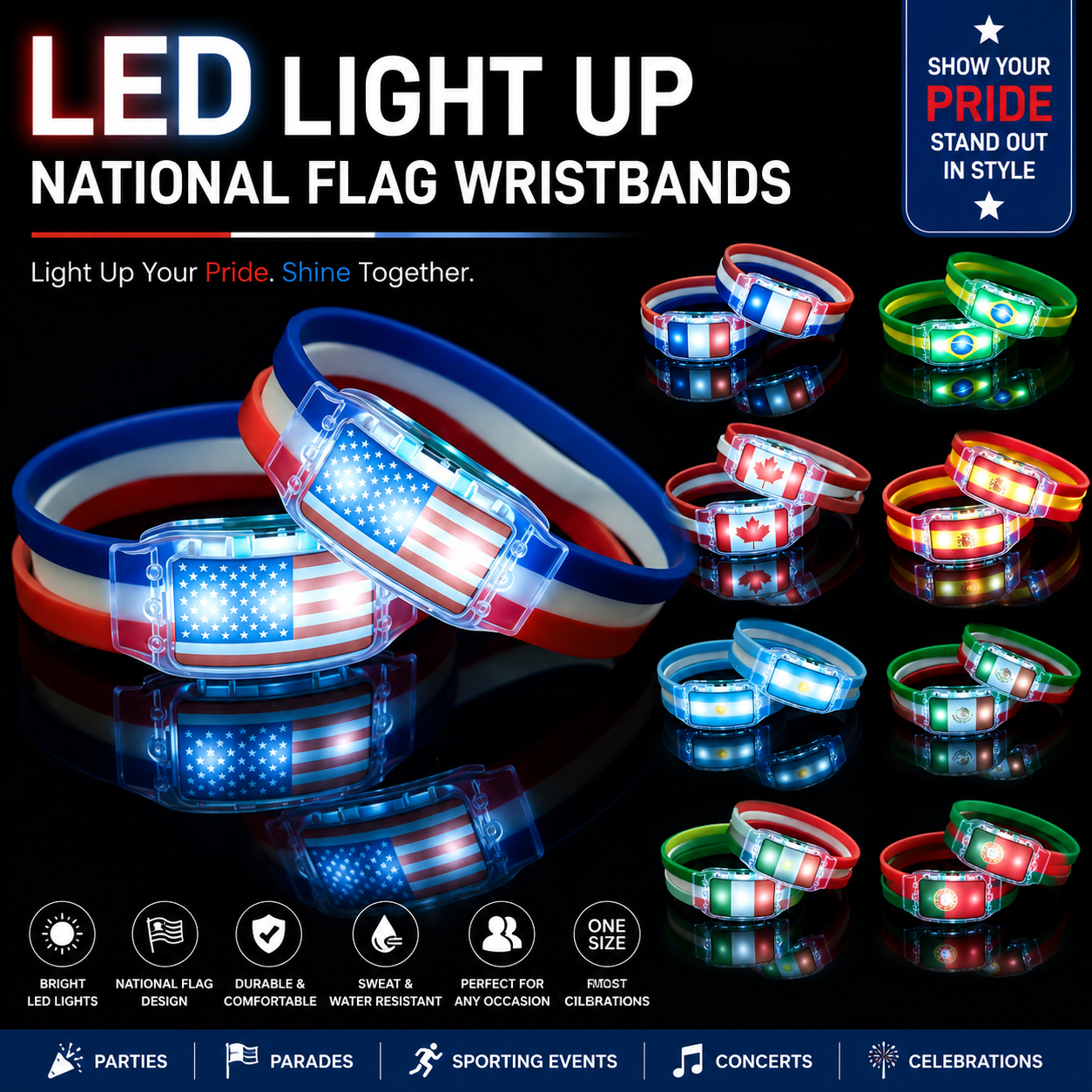 🔥250th Anniversary 70% OFF - ⚽✨LED Light Up National Flag Wristbands