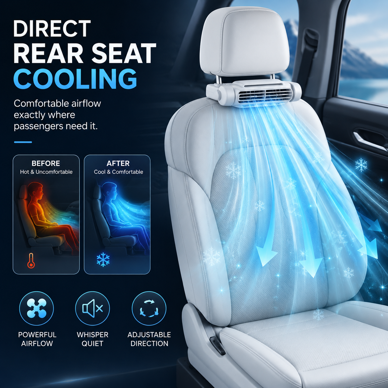 USB Car Headrest Cooling Fan with 3 Speeds