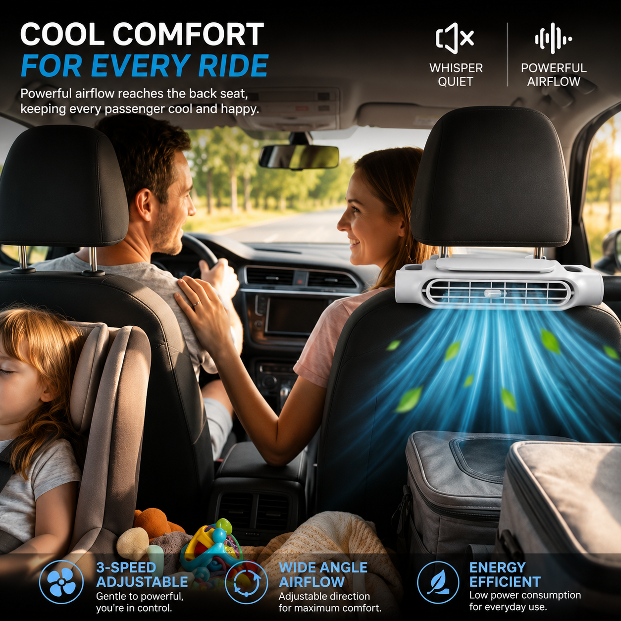 USB Car Headrest Cooling Fan with 3 Speeds