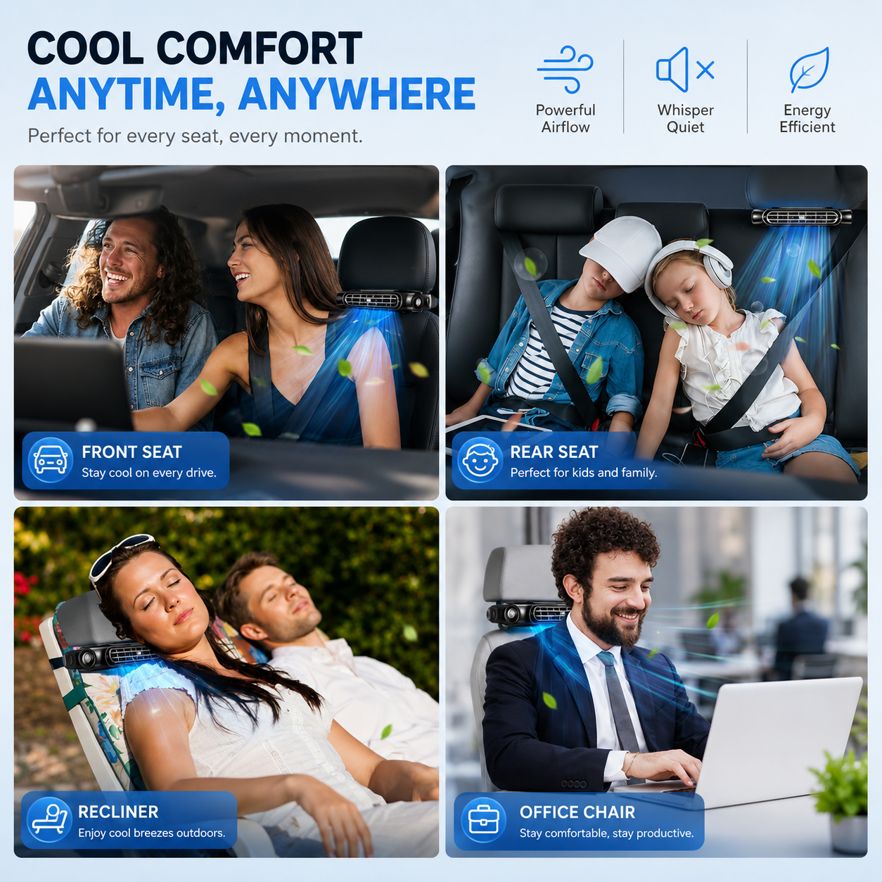 USB Car Headrest Cooling Fan with 3 Speeds