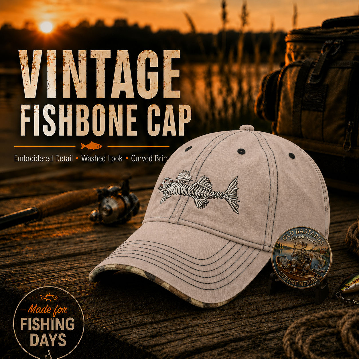 🎣Old Bones Fishing Cap 🎁 Buy the Cap Get the Matching Tribute Coin FREE