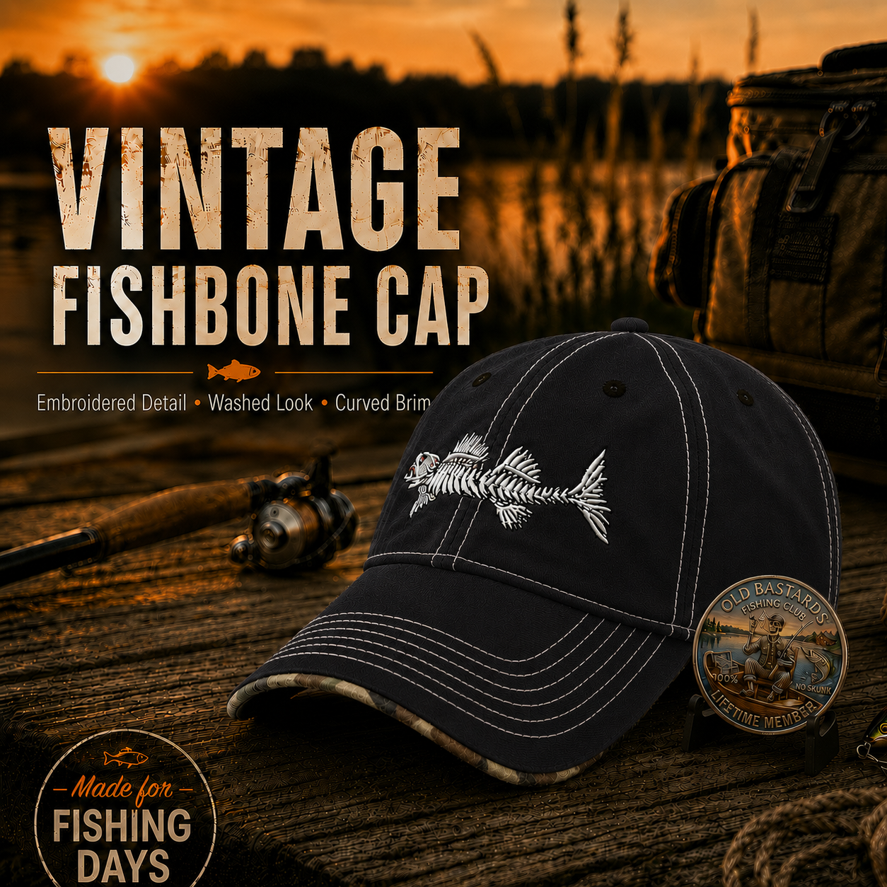 🎣Old Bones Fishing Cap 🎁 Buy the Cap Get the Matching Tribute Coin FREE