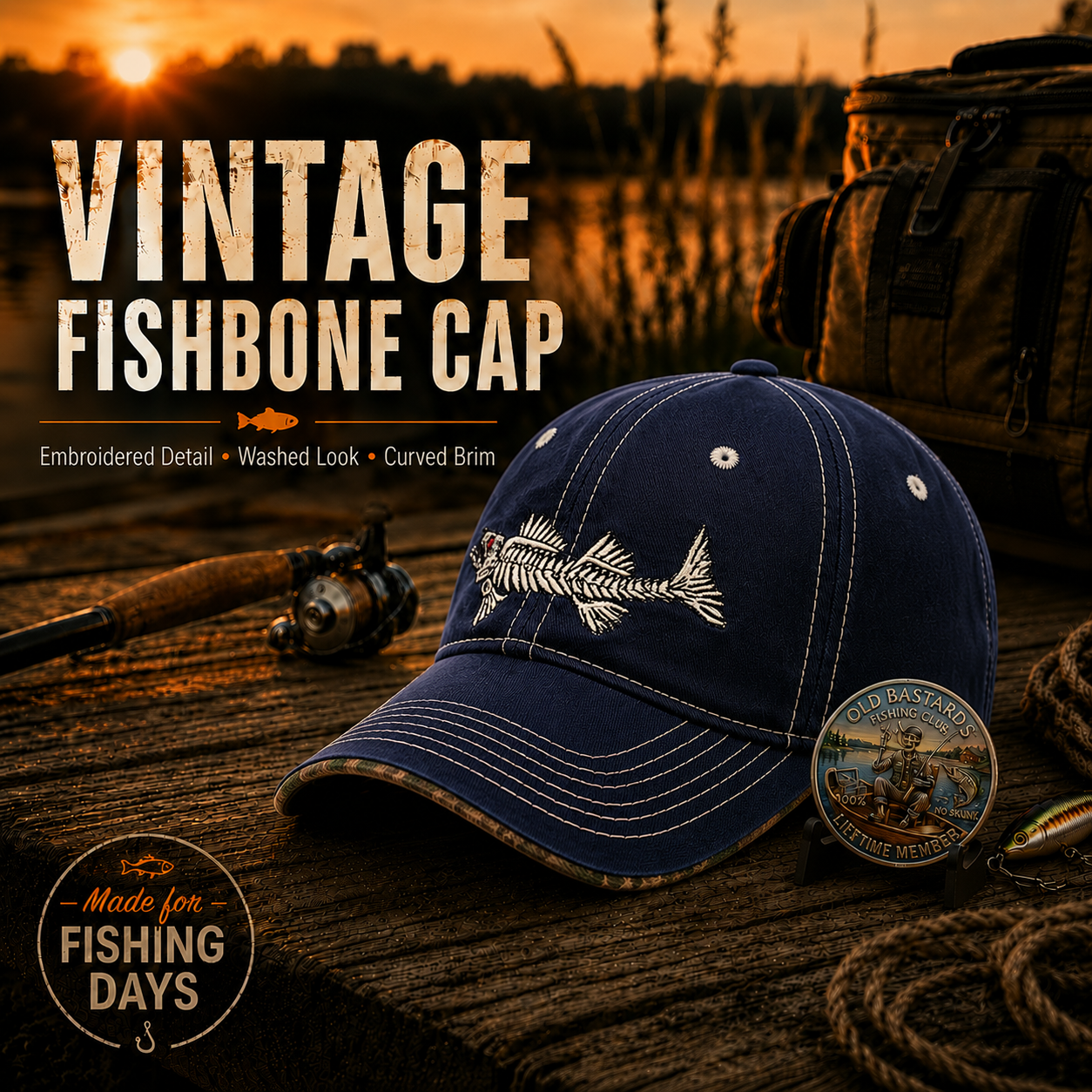 🎣Old Bones Fishing Cap 🎁 Buy the Cap Get the Matching Tribute Coin FREE
