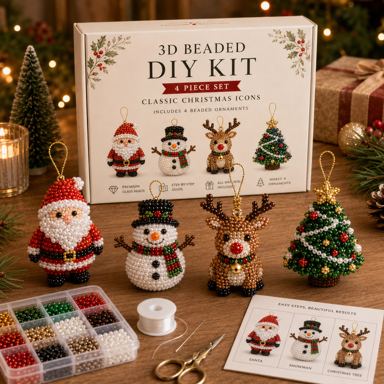 🧘 Relaxing & Beginner-Friendly — 💎 4-Piece 3D Beaded Christmas Ornament DIY Kit (❤ As Seen in the Video)