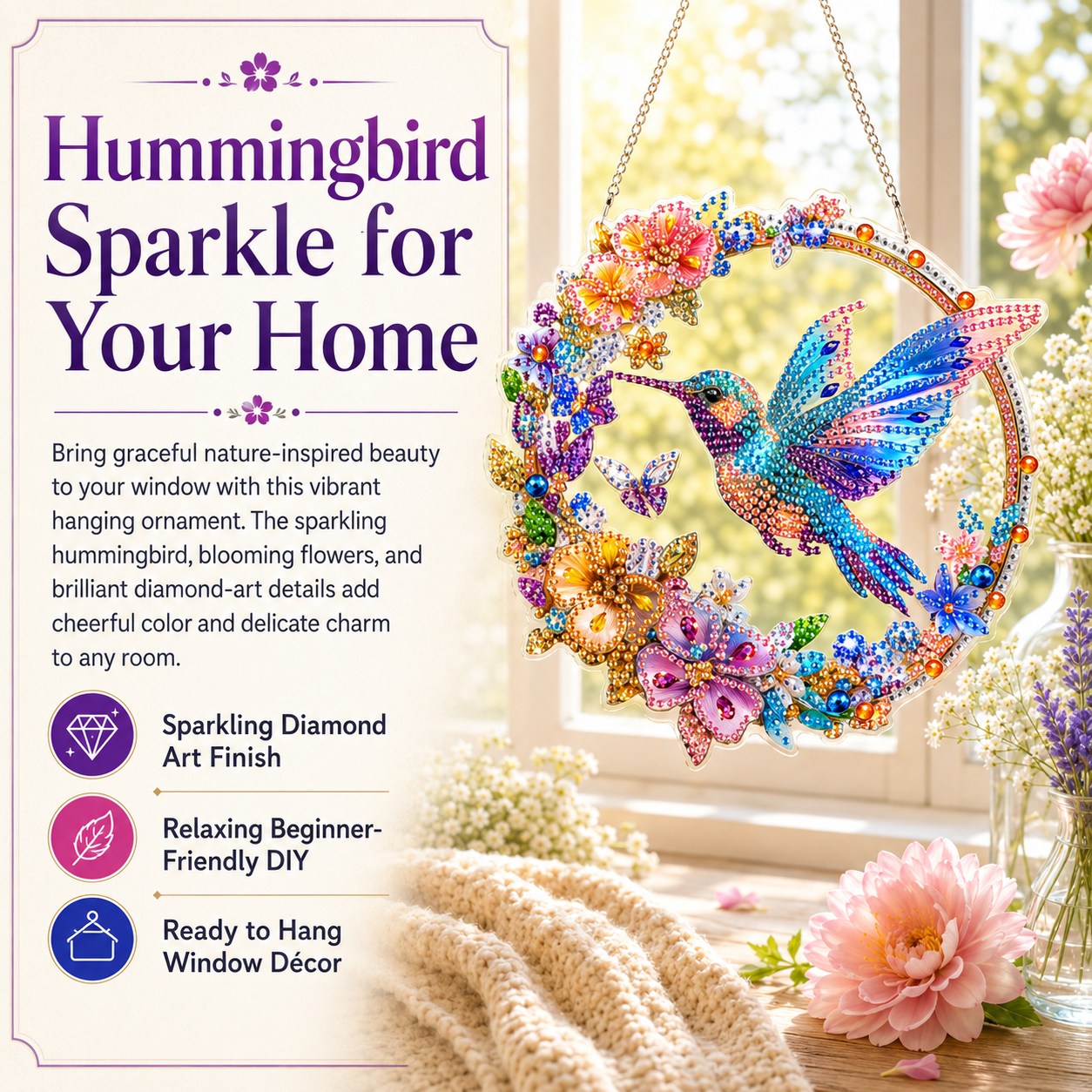 🔥Limited time 70% OFF - 🐦✨Hummingbird Diamond Art Hanging Ornament Kit – Sparkling DIY Window Ornament 