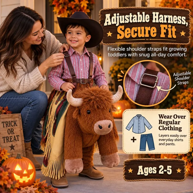 🔥Limited time 70% OFF -🐂Plush Bull Rider Ride‑On Kids Costume, Adjustable Harness Toddler Halloween