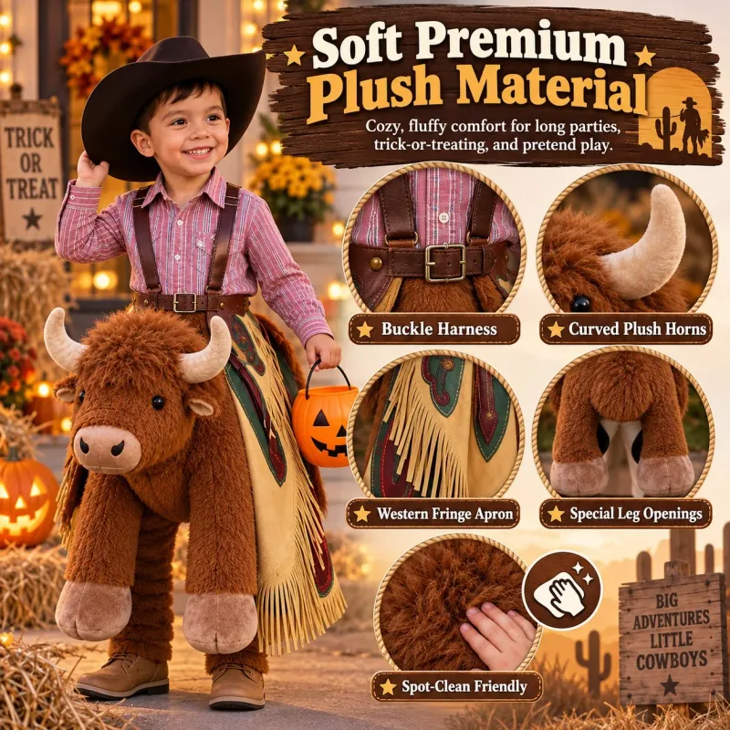 🔥Limited time 70% OFF -🐂Plush Bull Rider Ride‑On Kids Costume, Adjustable Harness Toddler Halloween