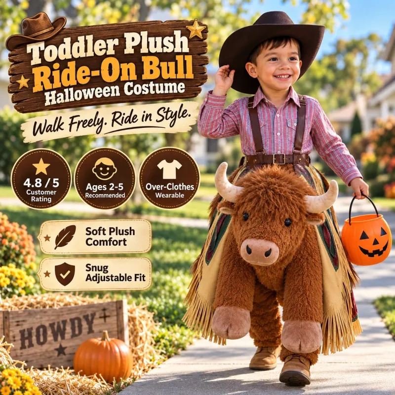 🔥Limited time 70% OFF -🐂Plush Bull Rider Ride‑On Kids Costume, Adjustable Harness Toddler Halloween