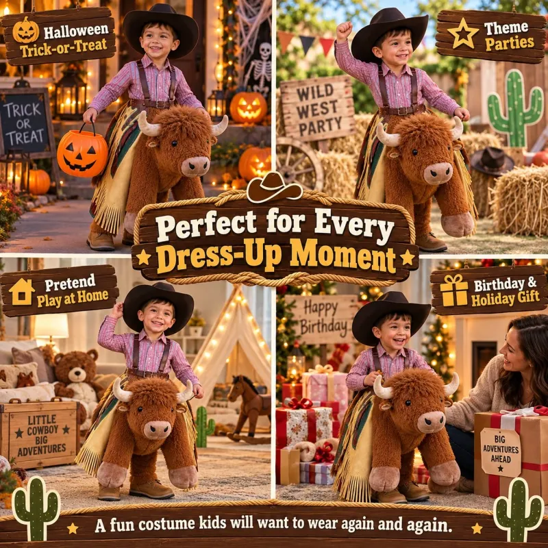 🔥Limited time 70% OFF -🐂Plush Bull Rider Ride‑On Kids Costume, Adjustable Harness Toddler Halloween
