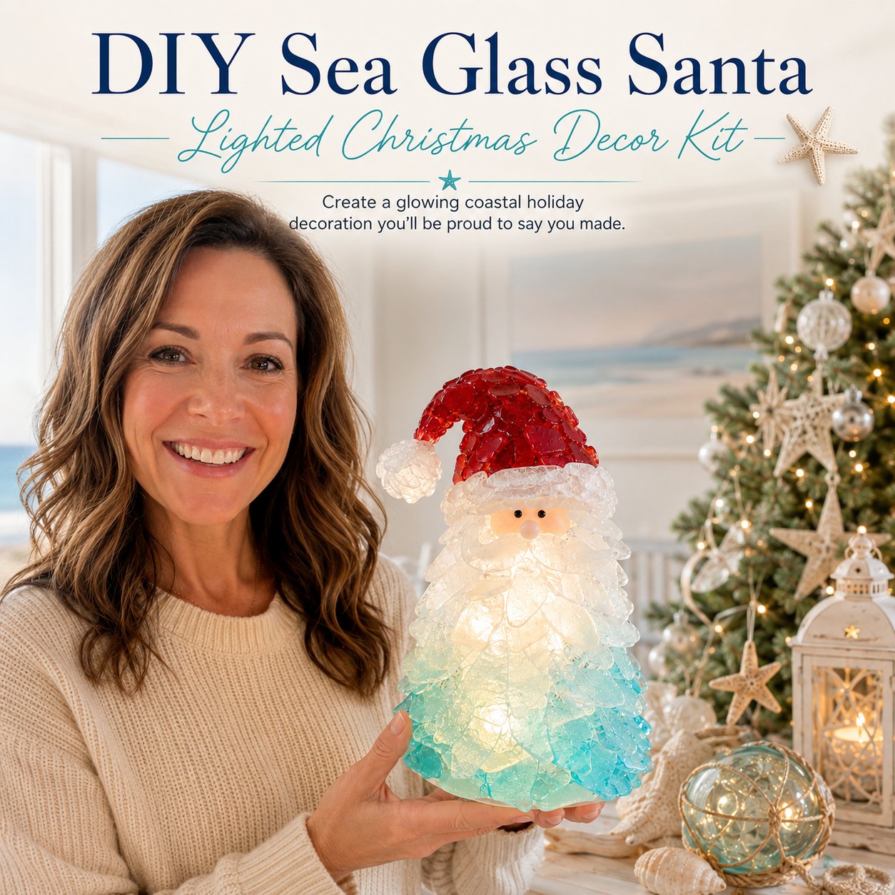 🔥Last Day 70% OFF – 🎅 Beginner-Friendly DIY Lighted Sea Glass Santa Christmas Decor Kit | Complete Kit with Sea Glass Pieces, Warm Fairy Lights & Step-by-Step Guide Included 💕