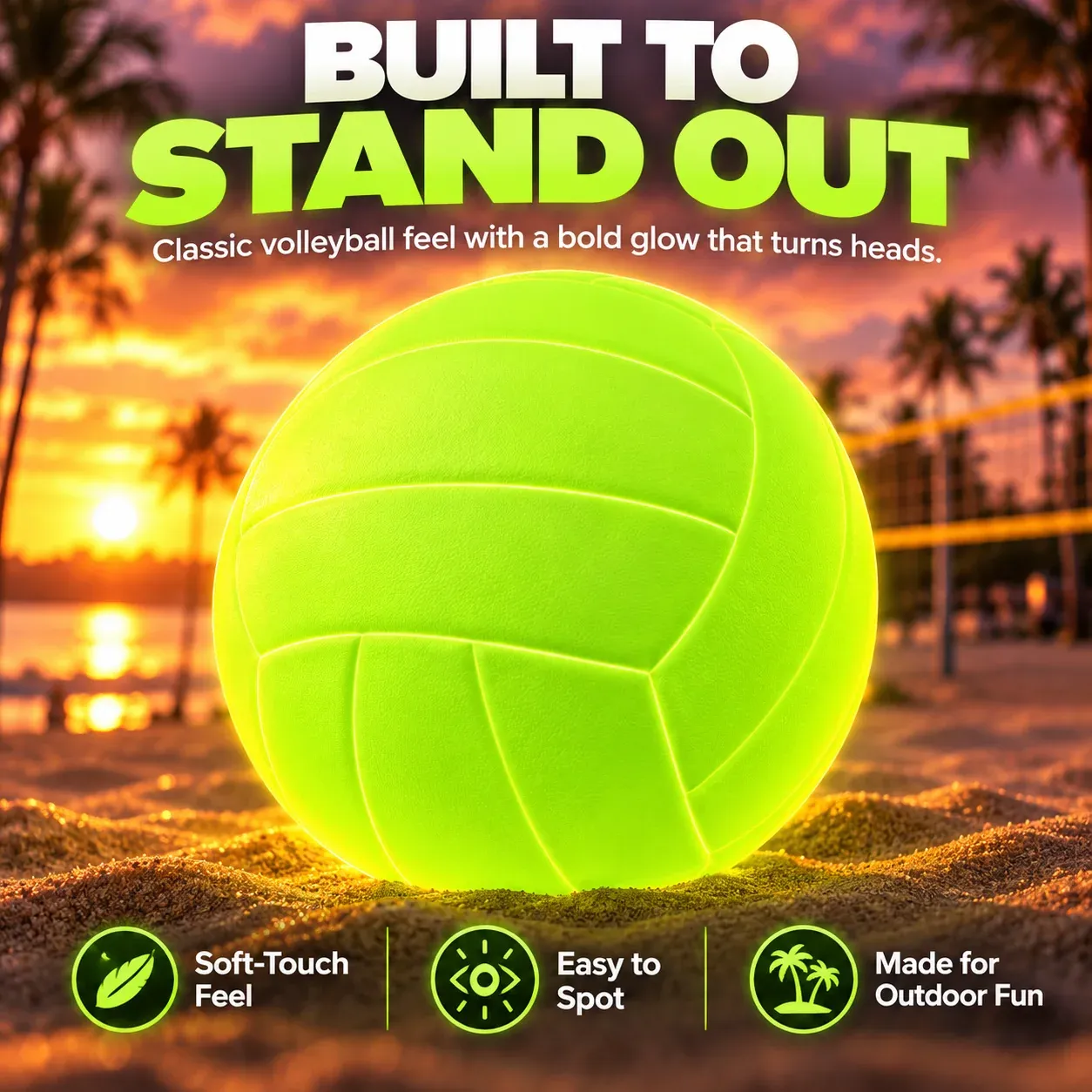 Bright green GlowSpike volleyball glowing on beach sand at sunset