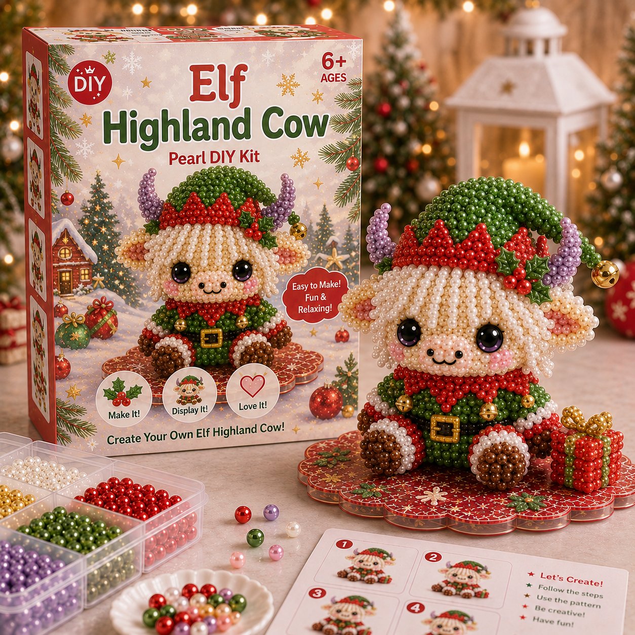 🔥Limited time 70% OFF -🎄🐮 Highland Cow 3D Pearl Bead DIY Kit – Beginner-Friendly Christmas Craft💕