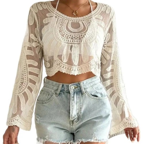 Longsleeved Crochet Smock Top for Women Breathable Lace Shirt for Warm Days - Picture 6 of 12