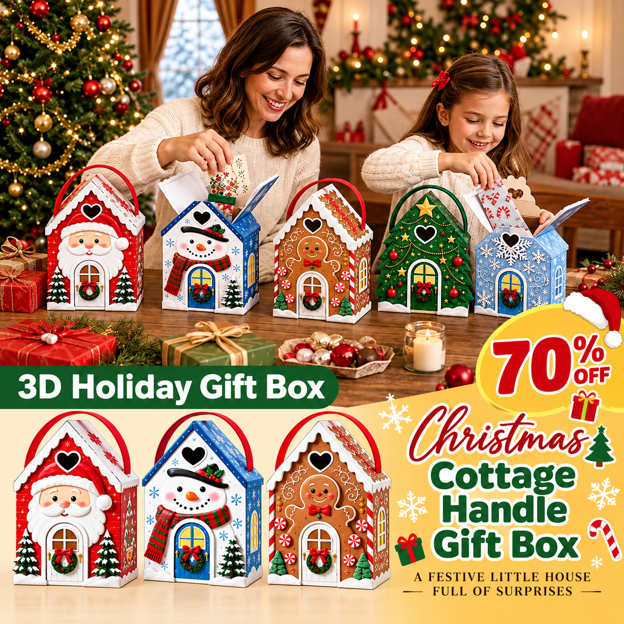 🔥Last day 70% OFF - 🎄🎁 Christmas Cottage Handle Gift Box – A Festive Little House Full of Surprises