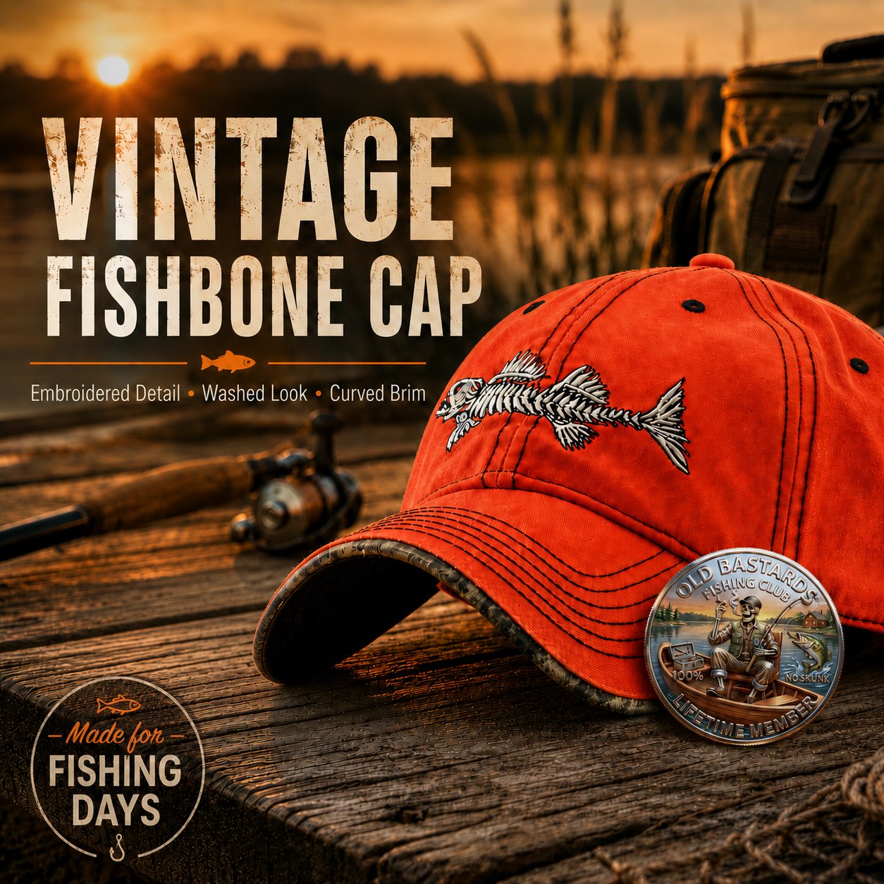🎣Old Bones Fishing Cap 🎁 Buy the Cap Get the Matching Tribute Coin FREE