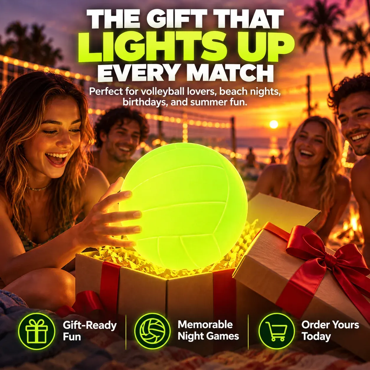 GlowSpike glowing volleyball presented as a gift to a group of friends at sunset