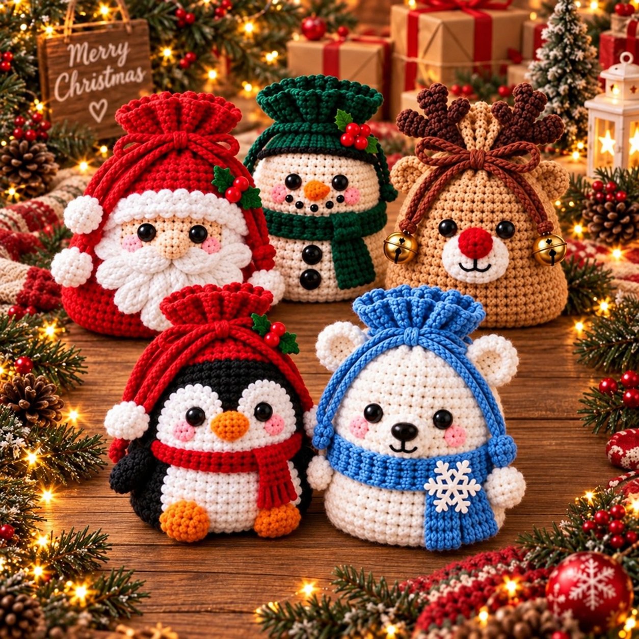 🎄❤ Christmas Crochet Character Gift Pouch – Reusable Holiday Keepsake Bag