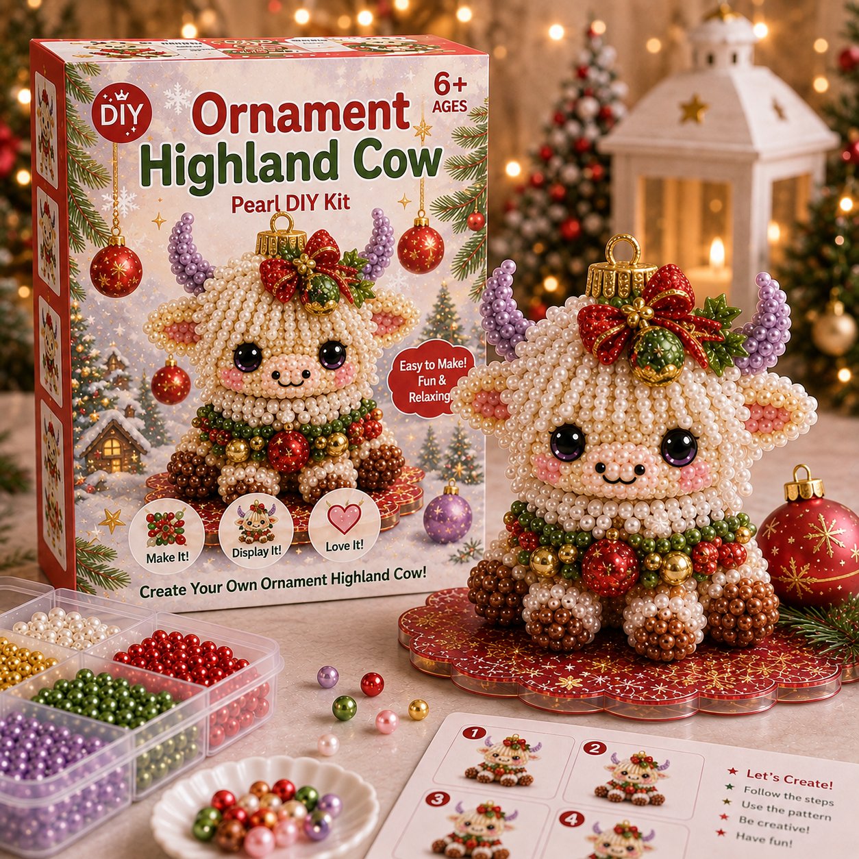 🔥Limited time 70% OFF -🎄🐮 Highland Cow 3D Pearl Bead DIY Kit – Beginner-Friendly Christmas Craft💕