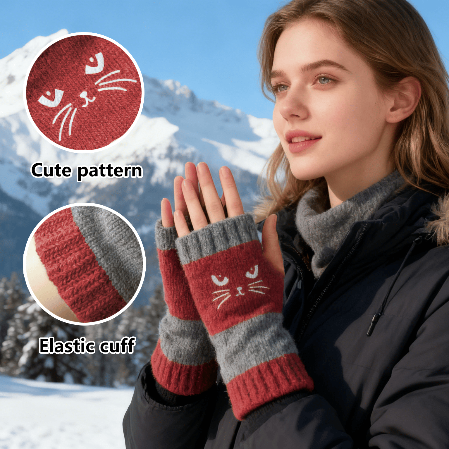 🎉Christmas Sale - 50% OFF🔥Women's Knitted Fingerless Gloves with Cute Cat Pattern