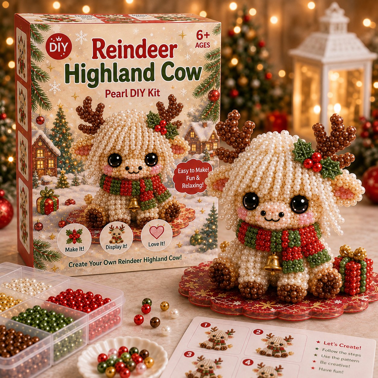 🔥Limited time 70% OFF -🎄🐮 Highland Cow 3D Pearl Bead DIY Kit – Beginner-Friendly Christmas Craft💕