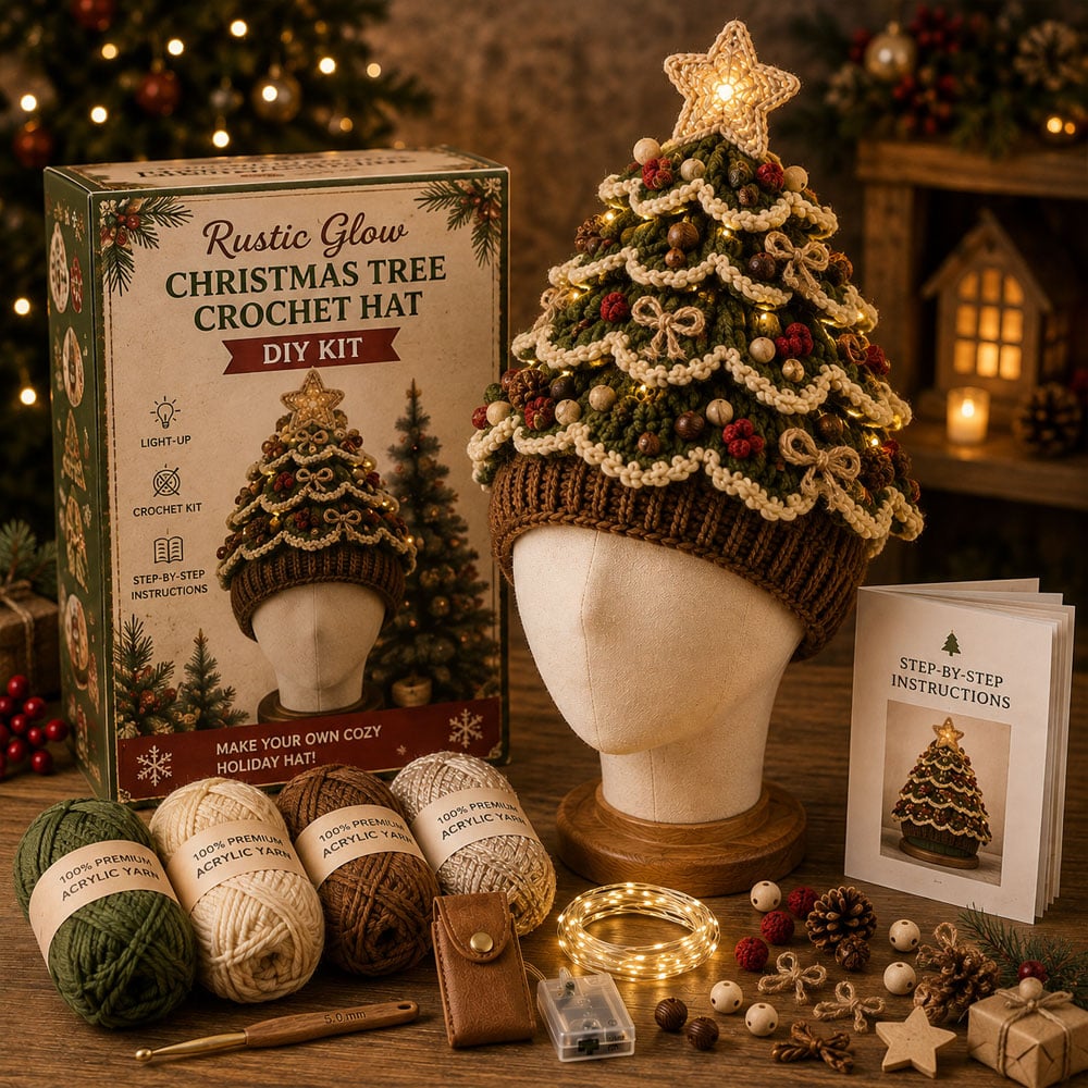 ⏳ Last Day 70% OFF – 🎄Beginner-Friendly Light-Up Christmas Tree Crochet Hat DIY Kit | Complete Kit with Coordinated Yarn, LED Lights & Step-by-Step Guide Included 💕