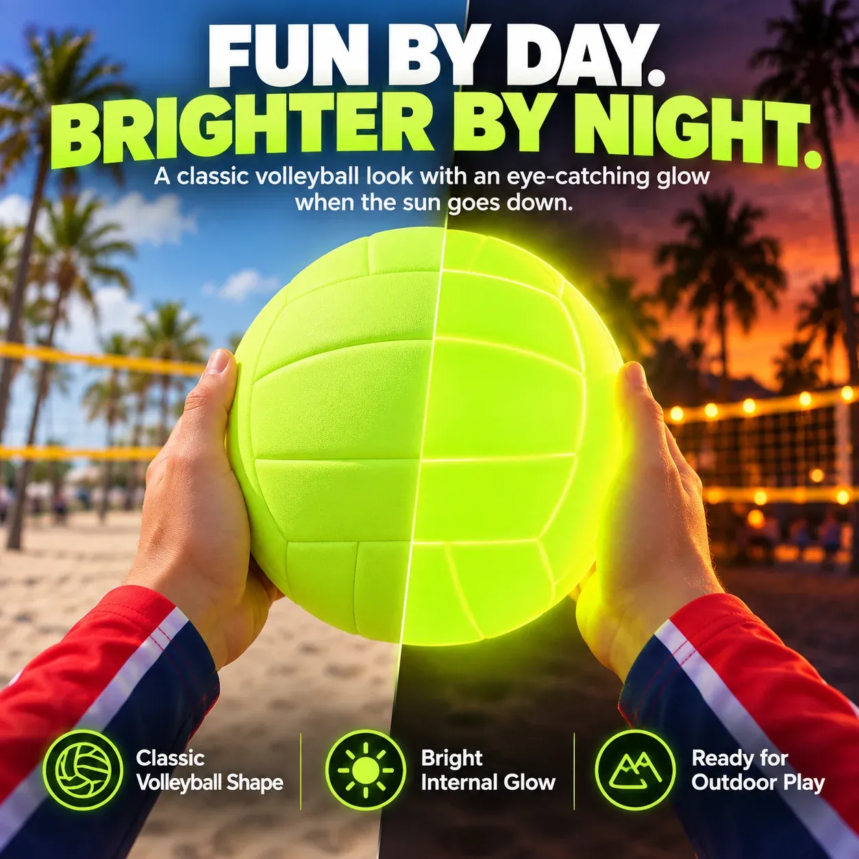 GlowSpike volleyball shown in daylight and glowing brightly after sunset