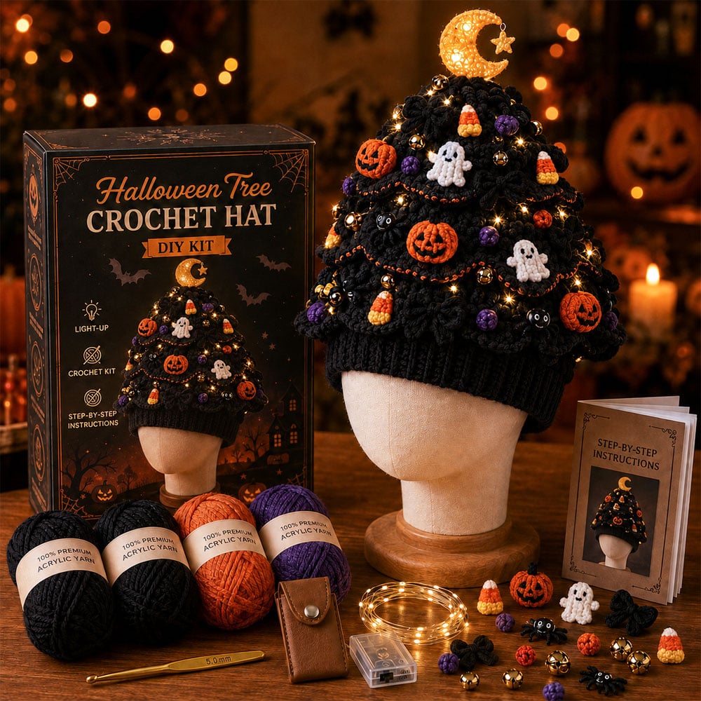 ⏳ Last Day 70% OFF – 🎄Beginner-Friendly Light-Up Christmas Tree Crochet Hat DIY Kit | Complete Kit with Coordinated Yarn, LED Lights & Step-by-Step Guide Included 💕