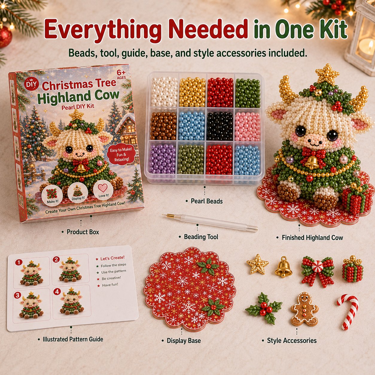 🔥Limited time 70% OFF -🎄🐮 Highland Cow 3D Pearl Bead DIY Kit – Beginner-Friendly Christmas Craft💕