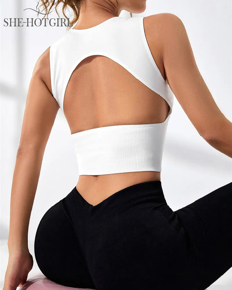 Women's Solid Color Open Back Ribbed Basic Elastic Yoga Sport Tank Top