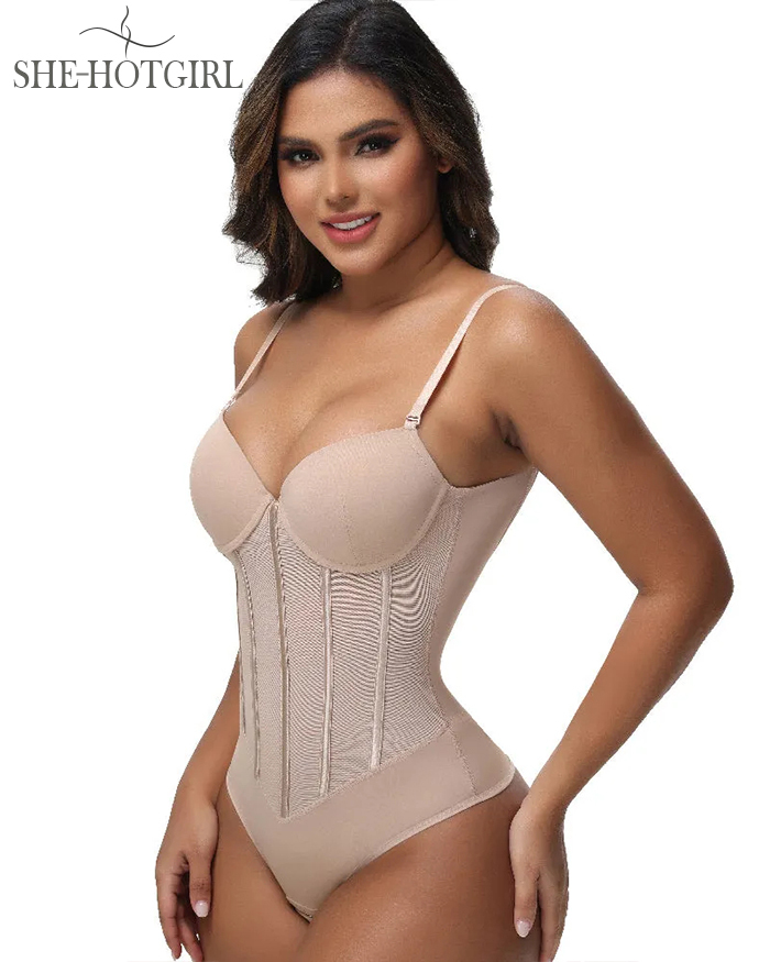Women's Tummy Control Thong Sheer Mesh Corset Top Backless Bodysuits