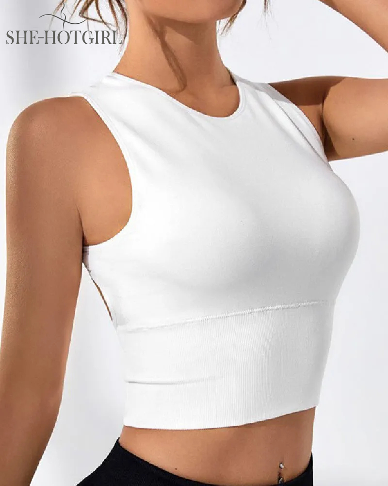 Women's Solid Color Open Back Ribbed Basic Elastic Yoga Sport Tank Top