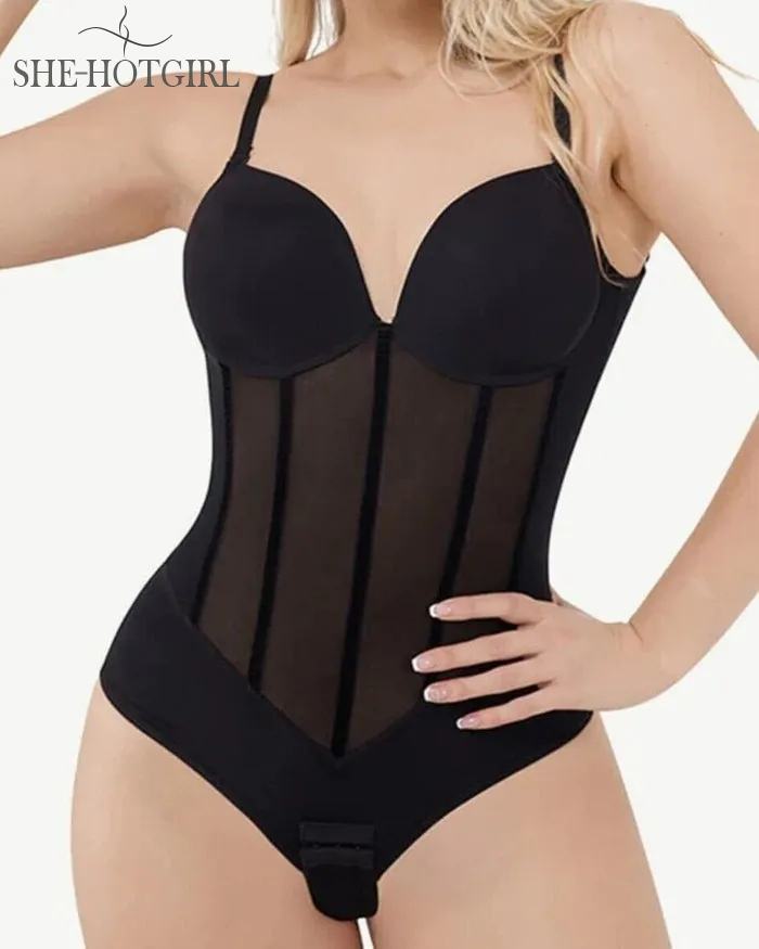 Women's Tummy Control Thong Sheer Mesh Corset Top Backless Bodysuits