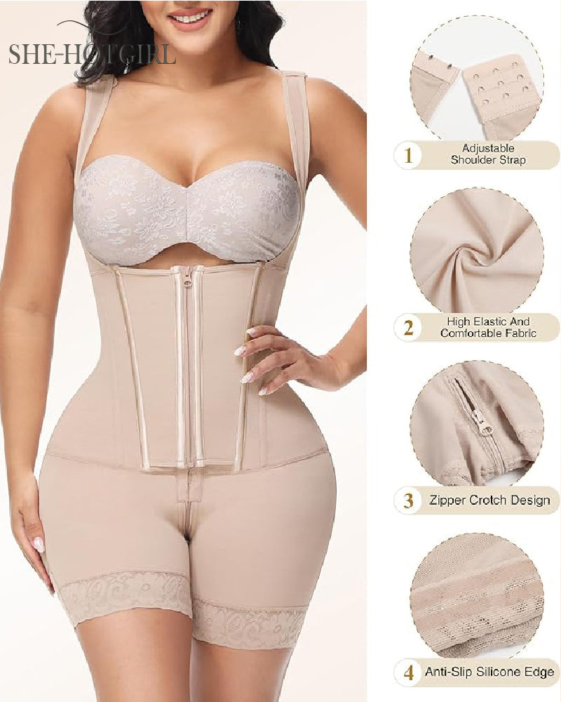 High Compression Shapewear with Front Zipper and Mid Thigh