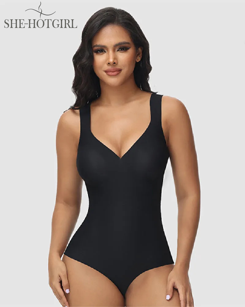 Women's tummy control seamless summer ice silk bodysuit compression v-neck body shaper