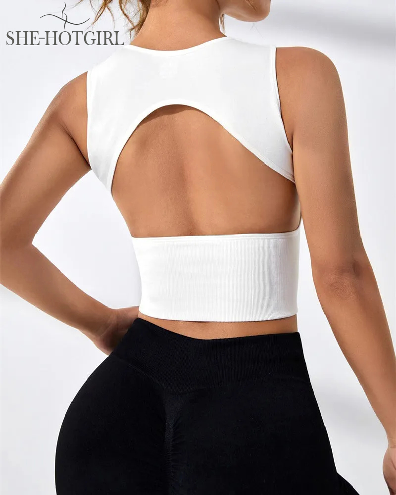 Women's Solid Color Open Back Ribbed Basic Elastic Yoga Sport Tank Top