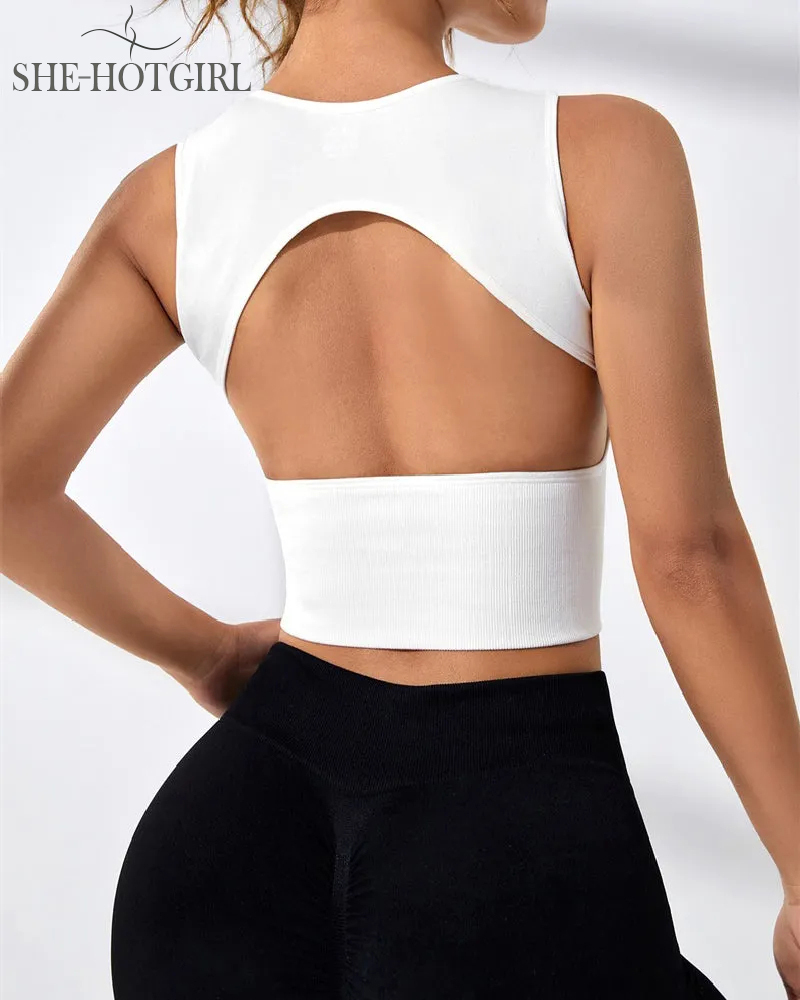 Women's Solid Color Open Back Ribbed Basic Elastic Yoga Sport Tank Top