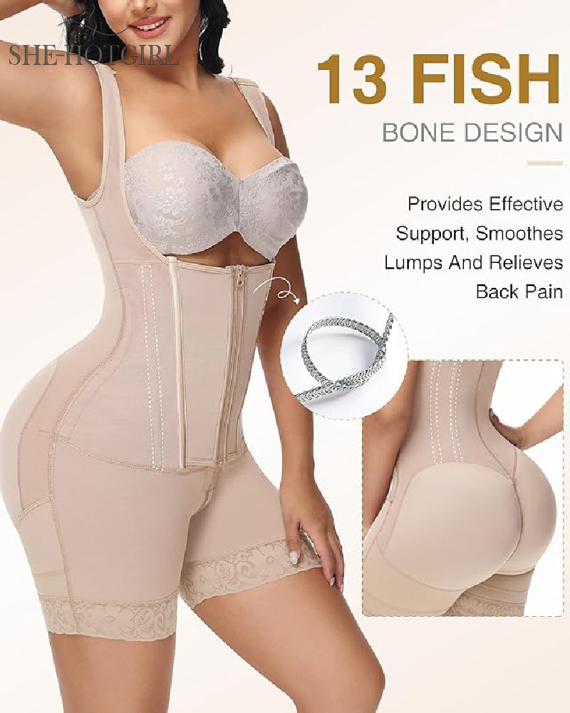 High Compression Shapewear with Front Zipper and Mid Thigh