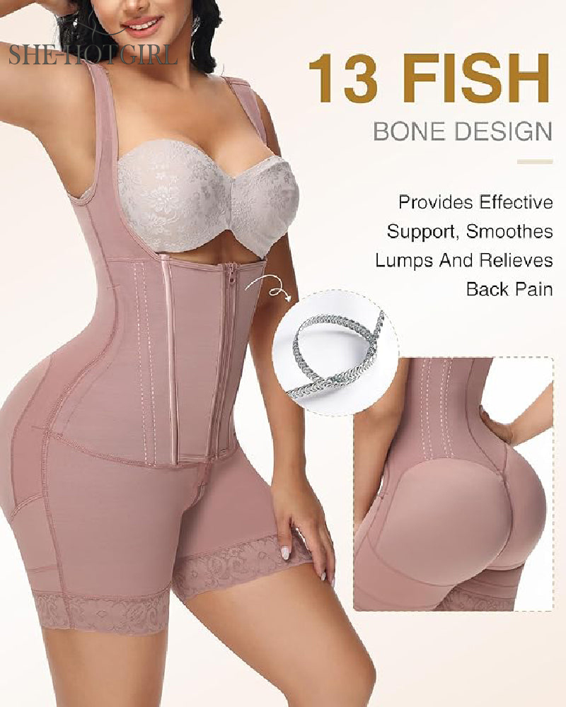 High Compression Shapewear with Front Zipper and Mid Thigh