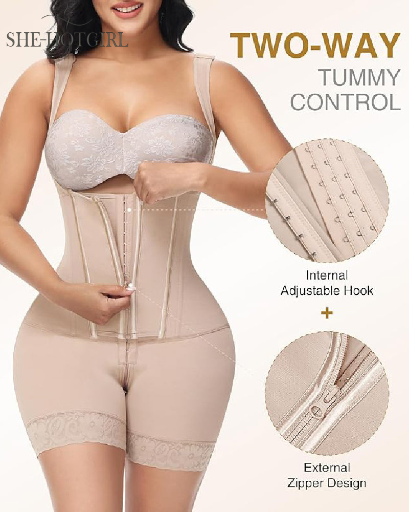 High Compression Shapewear with Front Zipper and Mid Thigh